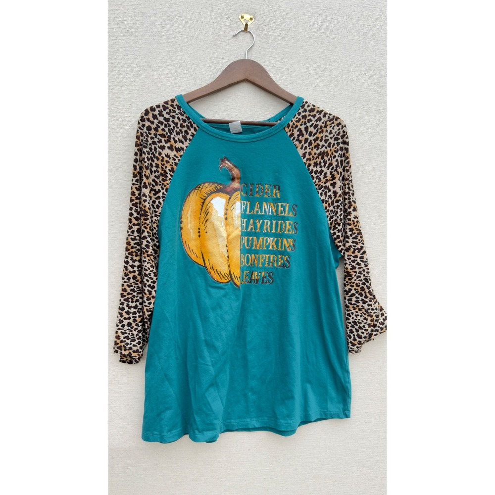 Sunshine & Rodeos Teal Leopard Pumpkin Fall Graphic Raglan Top XL